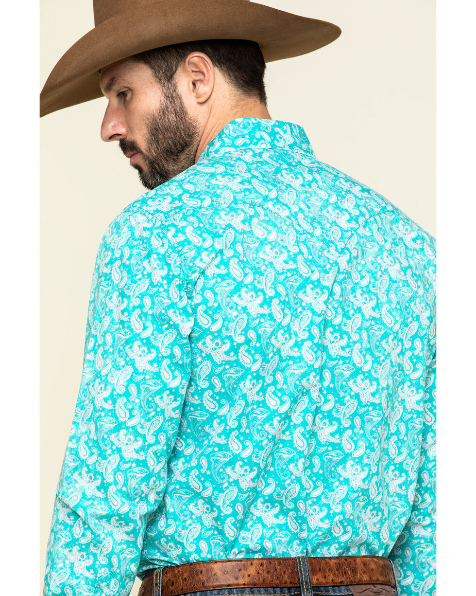 Wrangler Mens Turquoise Paisley Print Long Sleeve Performance Shirt 